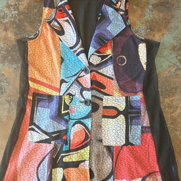 Shana Art to Wear Upcycled Tunic Top Size L Geometric Abstract Mesh Colorful - Picture 3 of 11